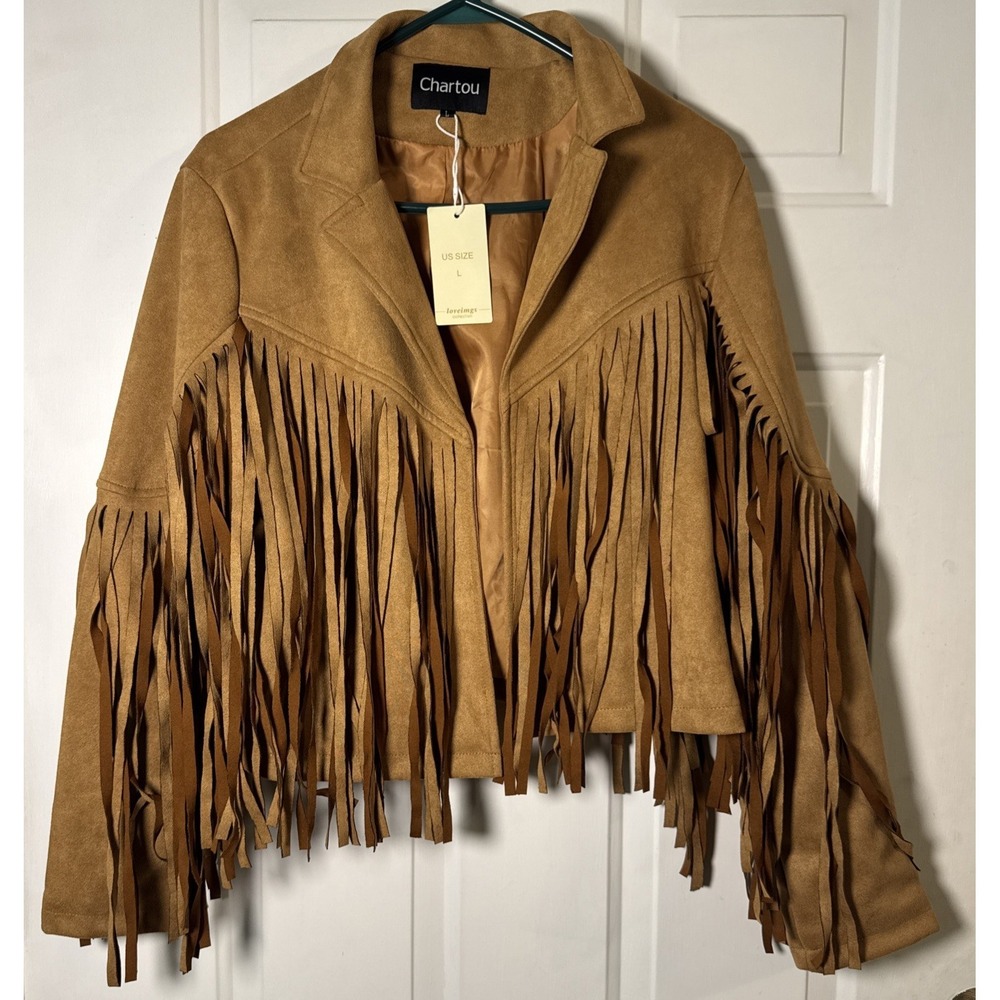 Chartou Womens Large Western Fringe Faux Suede Jacket Tan Camel NWT Boho
